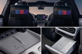 Collage of car interior details: rear seat screens, wireless charging pad, and an open storage compartment.