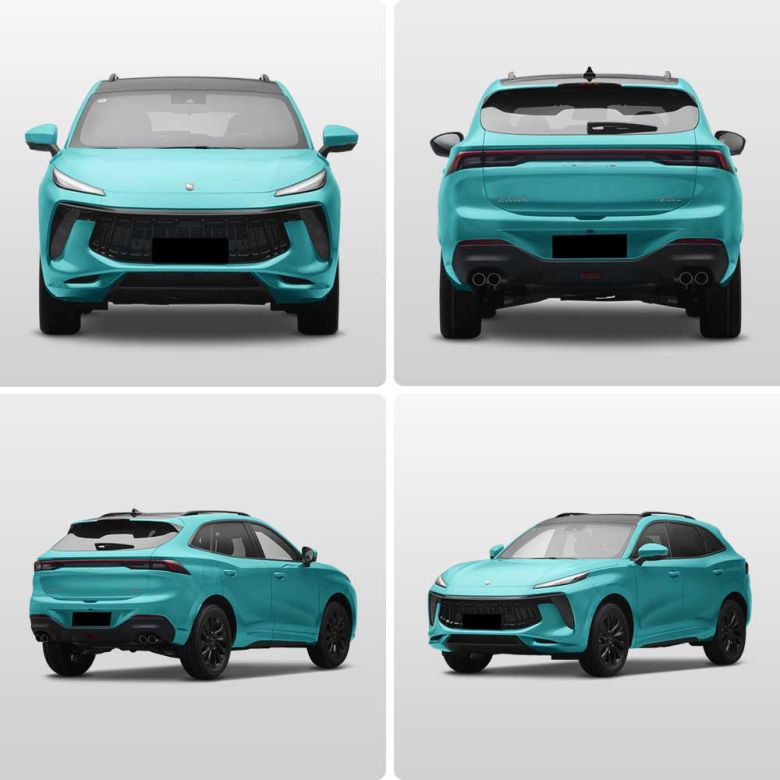 Four views of a turquoise Fengon SUV, displaying front, rear, and two side angles, highlighting its sleek design and modern aesthetics against a plain background.