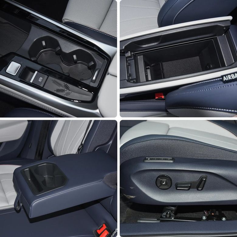 Collage of four car interior details: cup holders, storage, armrest, and seat controls.
