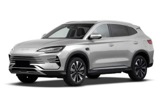 A silver BYD SUV with a sleek front grille, modern headlights, and stylish alloy wheels, showcasing its elegant and dynamic exterior design.