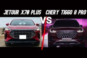 Side-by-side comparison: JETOUR X70 PLUS (red SUV, left) vs. CHERY TIGGO 8 PRO (maroon SUV, right). Head-on shots of both vehicles, with "VS" text between them.