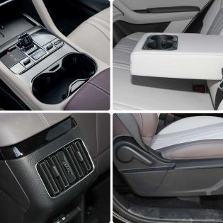 Collage of a car's interior details, including center console with cup holders, rear armrest with cup holders, rear air vent, and seat adjustment area, highlighting practical and comfortable design elements.