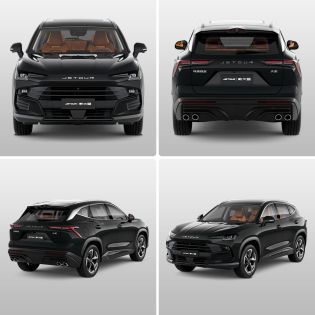 Four views of a black Jetour SUV.