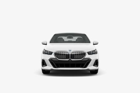 Head-on studio shot of new white BMW luxury car on plain background