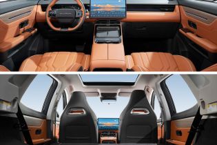 A look at the interior of a car, showcasing a sleek dashboard with a large screen, comfortable seats, and a spacious rear area.