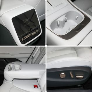 A collage showing details of a car's interior, including a control panel, cup holders, and seat adjustment buttons.