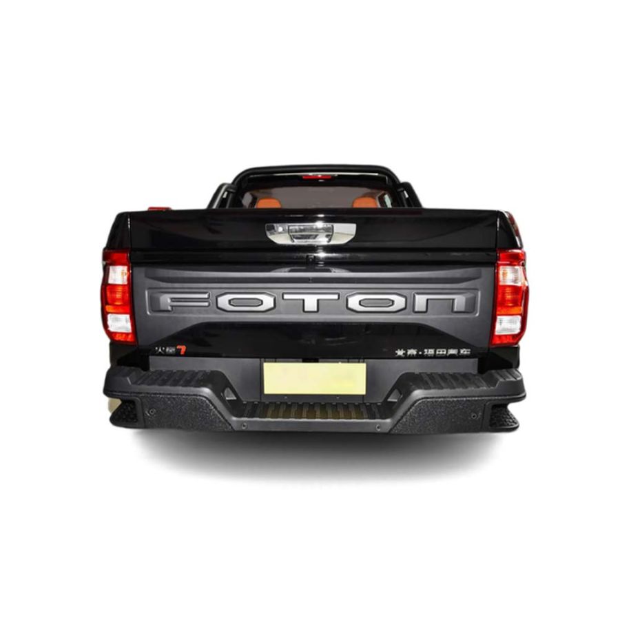 Rear view of a black Foton pickup truck, showcasing its tailgate, taillights, and rear design against a white background.