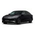 A black electric sedan with a sleek, modern design, featuring a black roof, distinctive headlights, and black alloy wheels, presented against a plain white background.