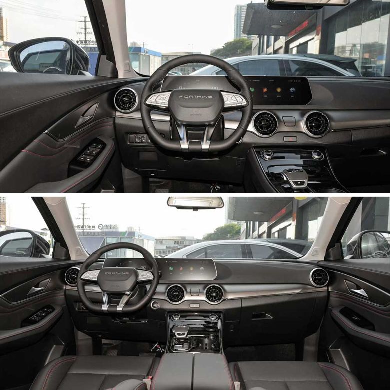 A collage of a Forthing car's interior, showcasing the driver's area with a leather steering wheel, digital display, and sleek dashboard from two angles, highlighting its modern and refined design.
