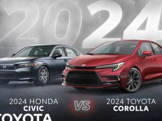 A comparison image of the 2024 Honda Civic (gray) and 2024 Toyota Corolla (red), with "2024" in the background and a "VS" symbol, highlighting their design differences.