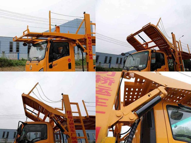 Collage of a yellow car carrier truck with lifting platform, shown from multiple angles.