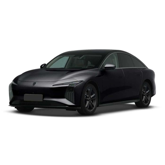 A black electric sedan with a sleek, modern design, featuring a black roof, distinctive headlights, and black alloy wheels, presented against a plain white background.
