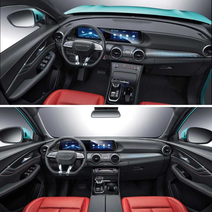 Two views of the Fengon car's interior, featuring a sleek dashboard with dual screens, sporty steering wheel, and red leather seats, showcasing its modern and stylish design.