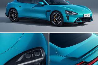 Multiple views of turquoise Xiaomi SU7, showcasing exterior details.