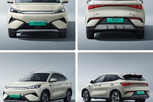 Four views of a light - colored BYD Yuan Plus electric SUV, including front, rear, and side views.