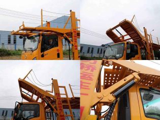 Collage of a yellow car carrier truck with lifting platform, shown from multiple angles.