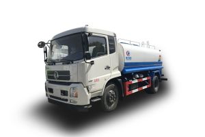 A white and blue water - sprinkling truck with a large tank.