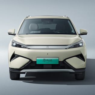 Front view of a light - colored BYD Yuan Plus electric SUV.