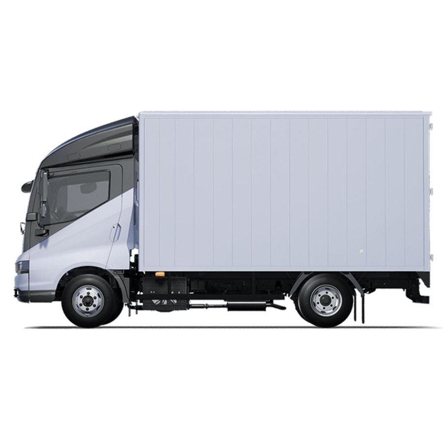 Side view of a white box truck with a sleek cab, isolated on a white background.