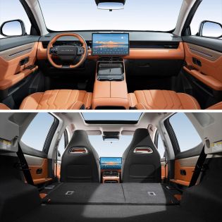 A look at the interior of a car, showcasing a sleek dashboard with a large screen, comfortable seats, and a spacious rear area.