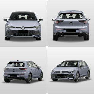 Four views (front, rear, side - rear, side - front) of a light gray Volkswagen Golf hatchback.