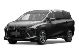 A black MPV with a bold front grille and panoramic sunroof is showcased against a plain background, highlighting its modern and spacious design.