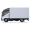 Side view of a white box truck with a sleek cab, isolated on a white background.