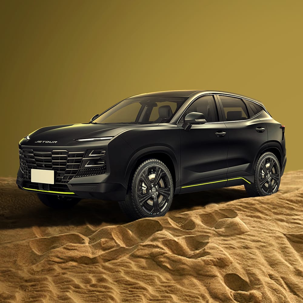 Black Jetour SUV in a desert landscape.