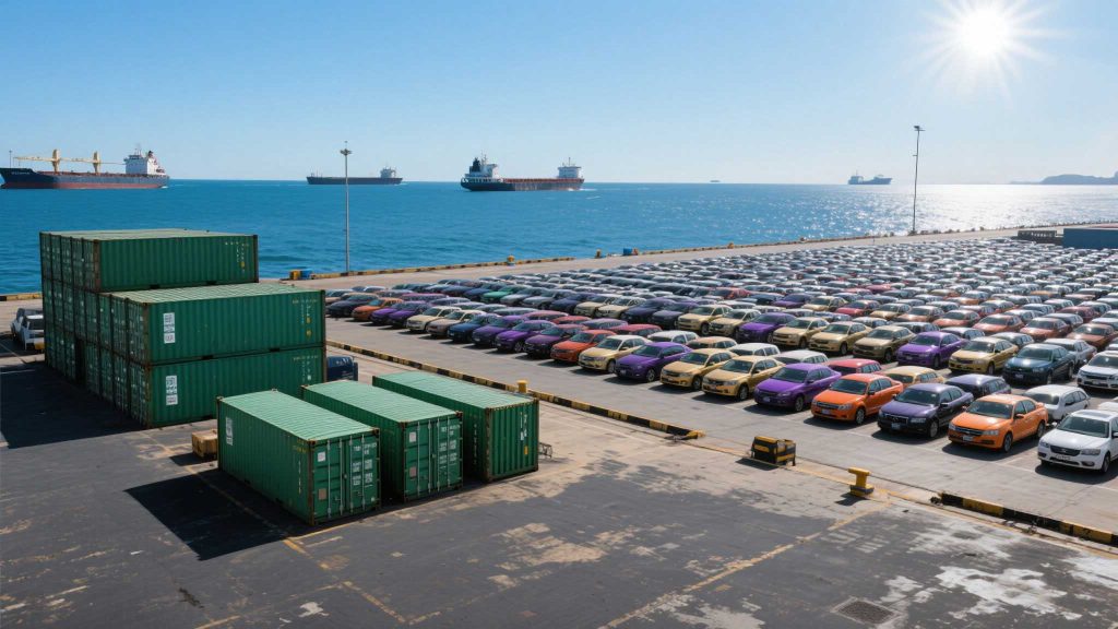 Exported cars are being prepared at the port for shipment to Africa