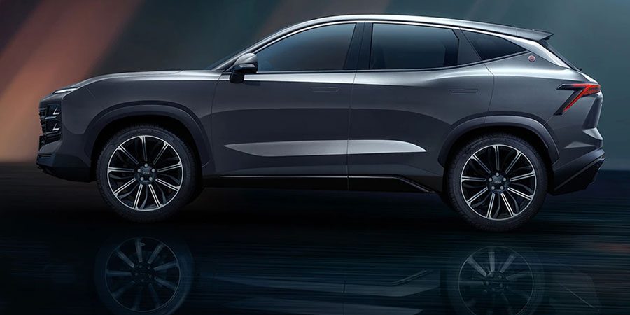 Sleek gray SUV (side view) with sharp lines, multi-spoke wheels, and a reflective dark surface below.