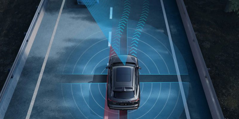 A top-down view of a car on a road, with its safety sensors (blue waves/arrows) scanning the surroundings.