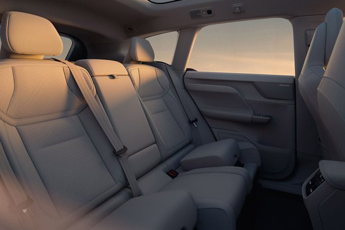 The back seats of the 2026 Volvo EX60 viewed from the side