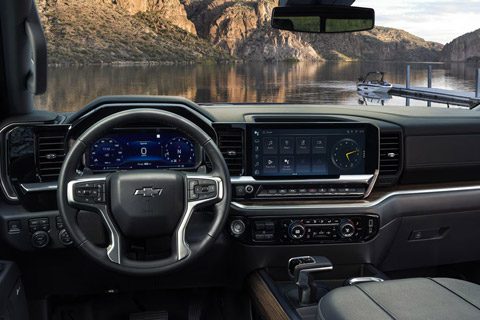 Driver's view of the front interiors of the 2026 Chevrolet Silverado LD Crew Cab