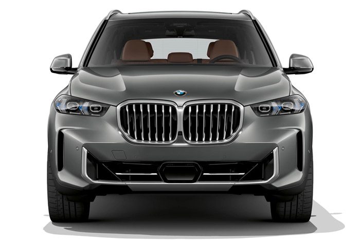 BMW X5 front view: Sleek gray luxury SUV with iconic double-kidney grille, adaptive LED headlights, and a bold front fascia.