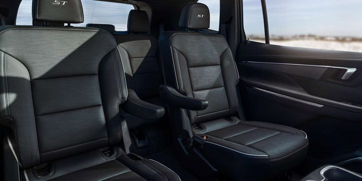 Ford Expedition ST interior: Sporty black leather seats with white contrast stitching and ST badging.