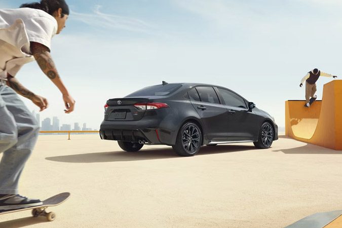 Rear three-quarter view of the 2026 Toyota Corolla Hybrid SE