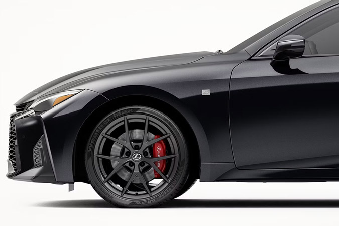 Close-up of the 19-inch alloy wheels on the 2026 Lexus IS 350 F SPORT