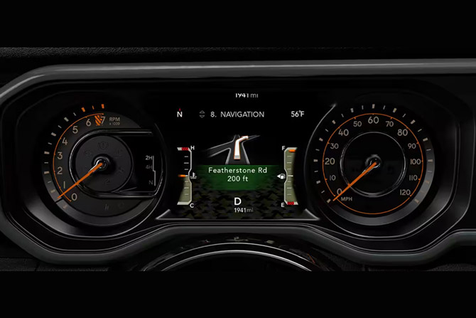 Close-up of the digital instrument panel of the 2026 Jeep Wrangler