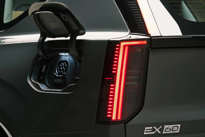 Close-up of the taillights and charging port of the 2027 Volvo EX60