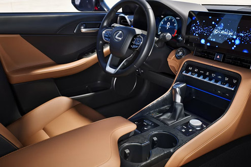 Palomino NuLuxe leather on the center armrest of the 2026 Lexus IS 350