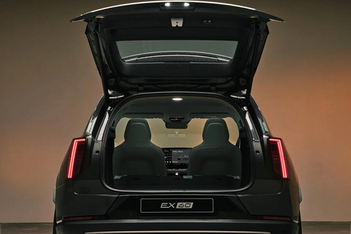 The cargo space of the 2027 Volvo EX60 with the rear seats folded down